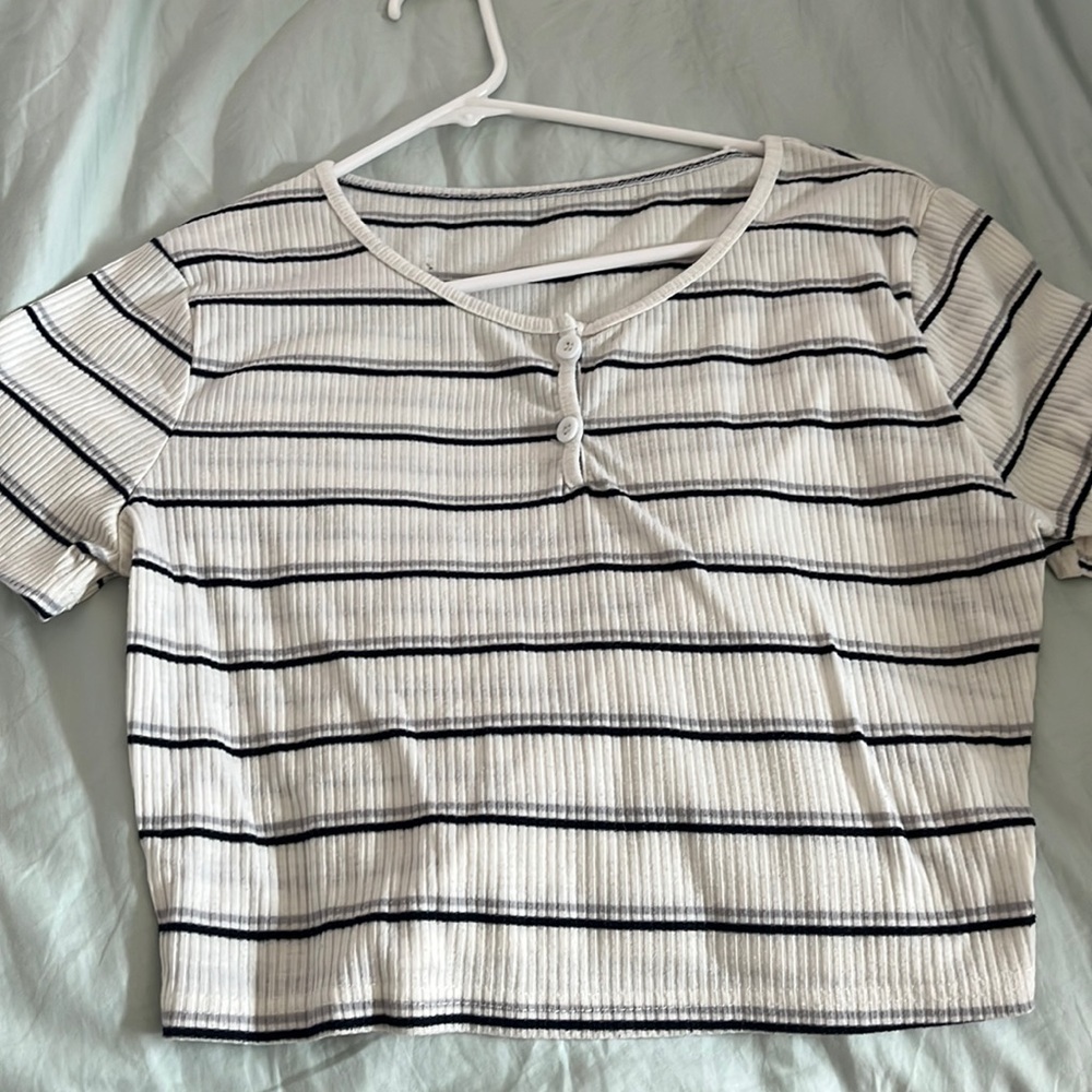 shein crop top size small, white with buttons and navy blue/grey stripes